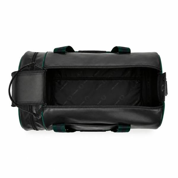 Fred Perry Classic Barrel Bag in navy faux leather with green and blue striped webbing, open top view.