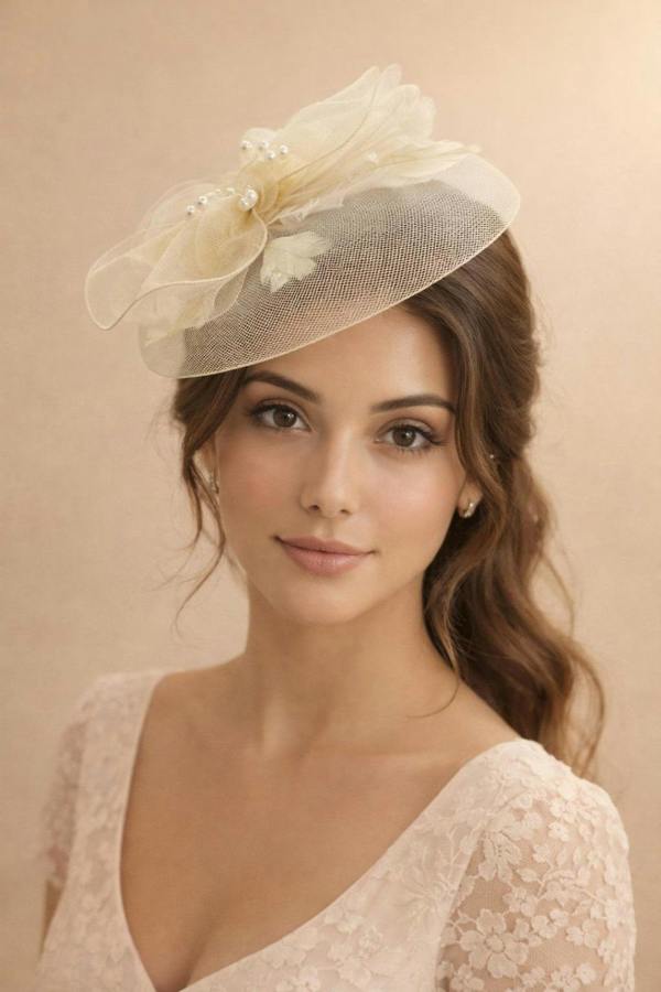 SVNX Pearl Bow Bloom Fascinator in Cream