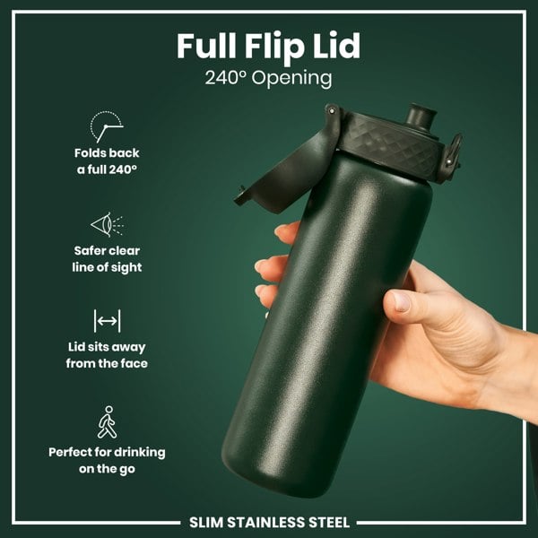 A dark-green stainless steel water bottle with a flip lid is held; its lid opens 240 degrees, providing a clear, safe drinking experience while on the go.