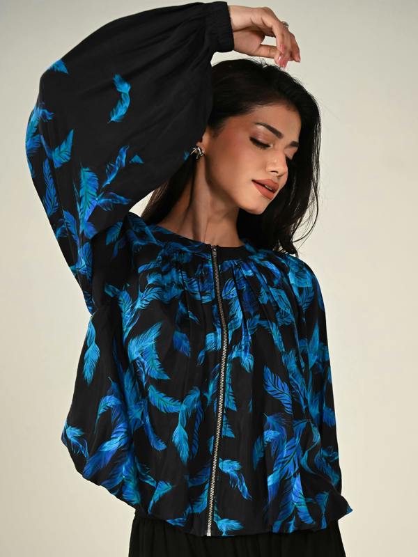Rose & Nancy Lille Feather Print Black Zip Front Light Bomber Jacket