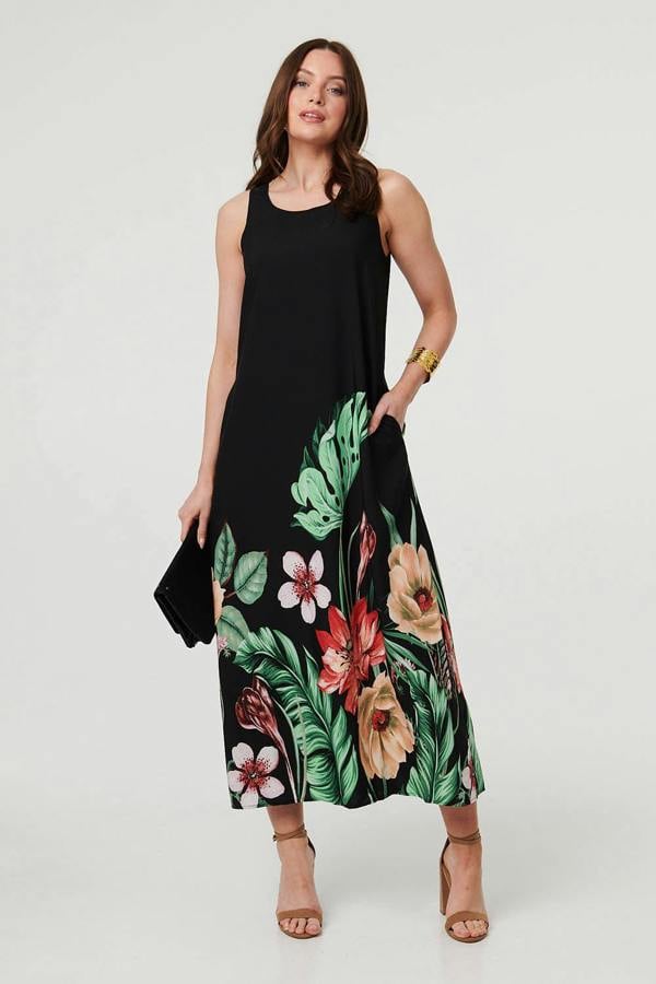 Black | Tropical Floral Sleeveless Midi Dress