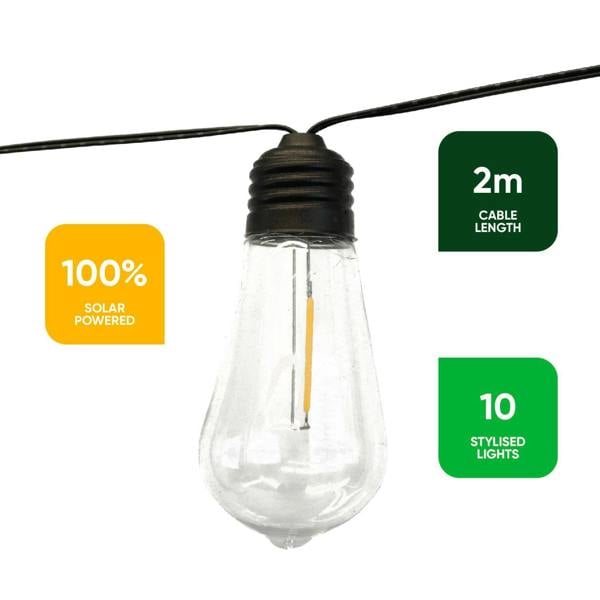 Gardenwize 10-Piece Solar String Lights – 2m Filament LED Bulb Lights