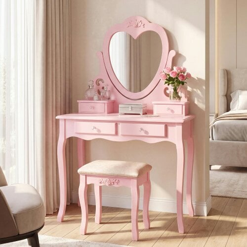 Kosy Koala Pink Heart Dressing Table Makeup Desk Vanity Set White Mirror Drawers Stool