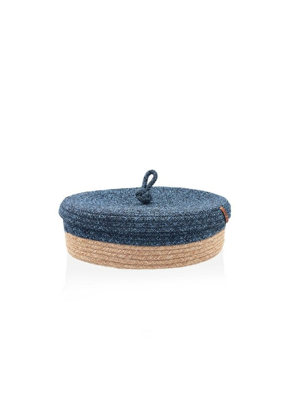 Rozi Jute Handwoven Storage Basket With Lid (Blue)