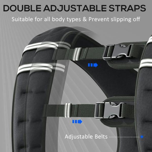 Black weighted vest with double adjustable shoulder straps and buckles