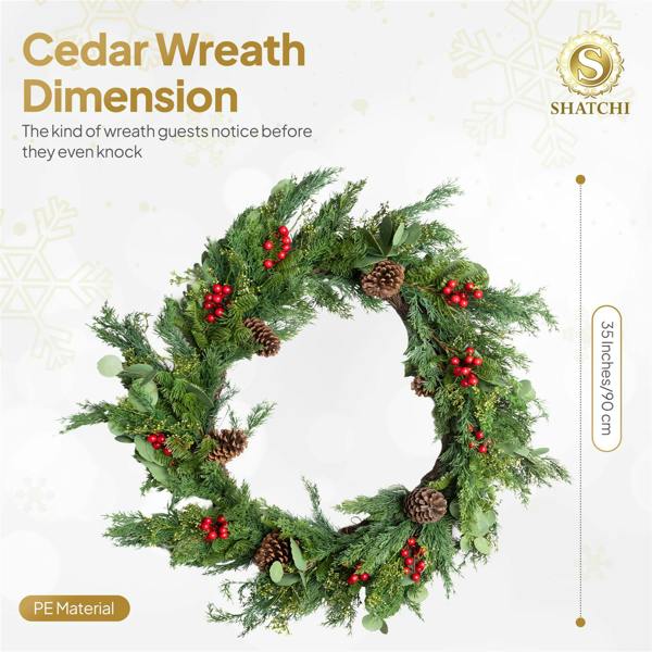 90cm Artificial Cedar Christmas Wreath with Red Berries and Pinecones, Green Seasonal Door Decor image 6