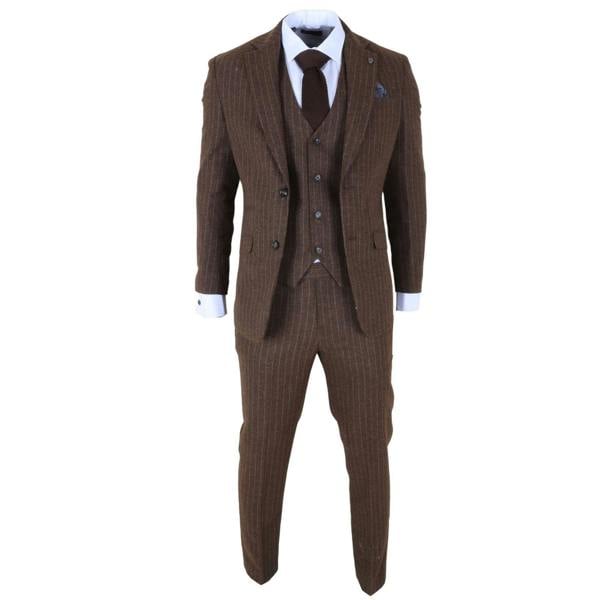 Infinity Leather Men's Brown Pinstripe 3 Piece Slim Fit Formal Dinner Suit