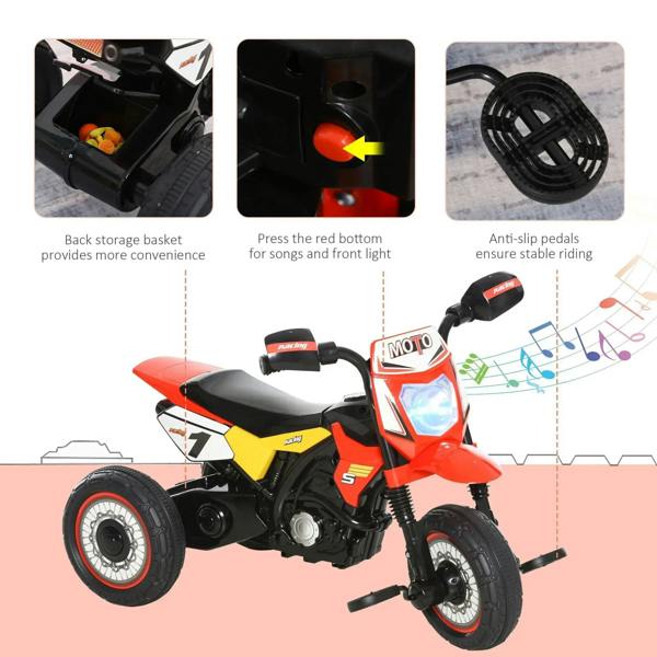 Red and black ride-on motorcycle trike with rear storage basket and anti-slip pedals