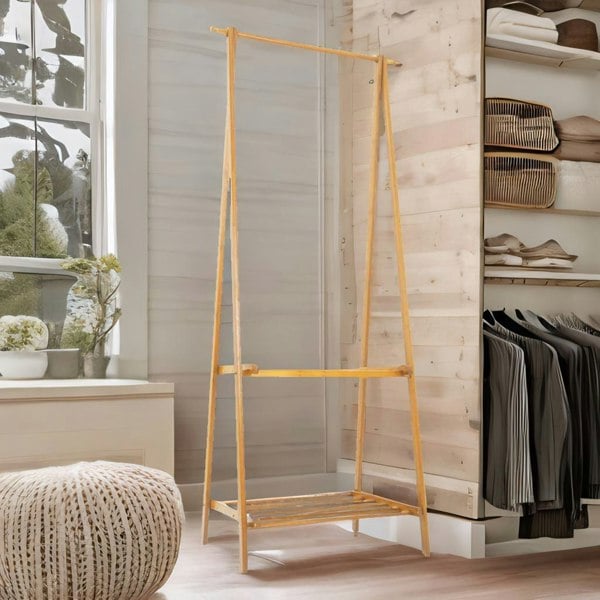 BMBO Wooden Natural Brown Open Clothes Rack With Shelf Natural Brown
