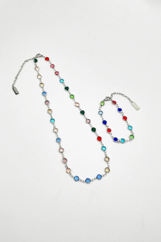 SVNX Round Crystal Necklace and Bracelet Set in Multi - Gift Boxed