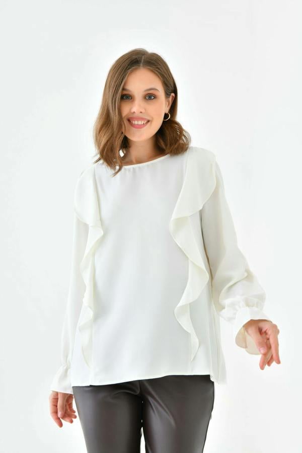 Hoxton Gal Oversized Frilled Front Blouse with Detailed Cuffs in White
