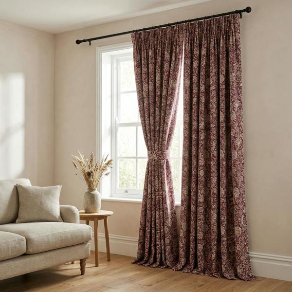 Lille made-to-measure curtains in Burgundy, styled in a living room