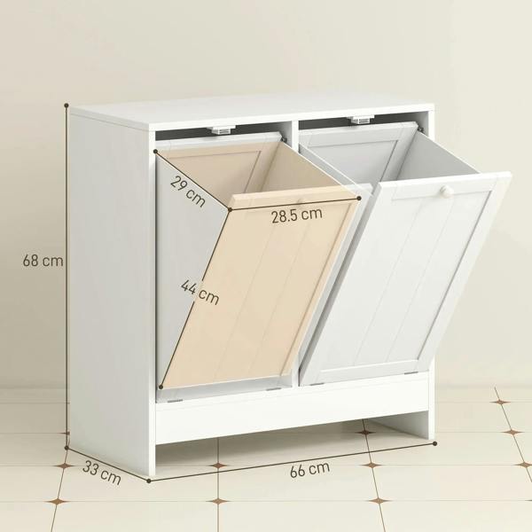 White double hamper laundry cabinet with two pull-out bins and doors open.