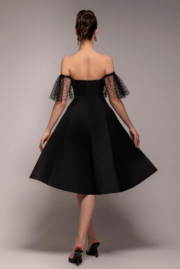 Scuba & Polka Mesh Off The Shoulder Midi Dress - Black DR5016