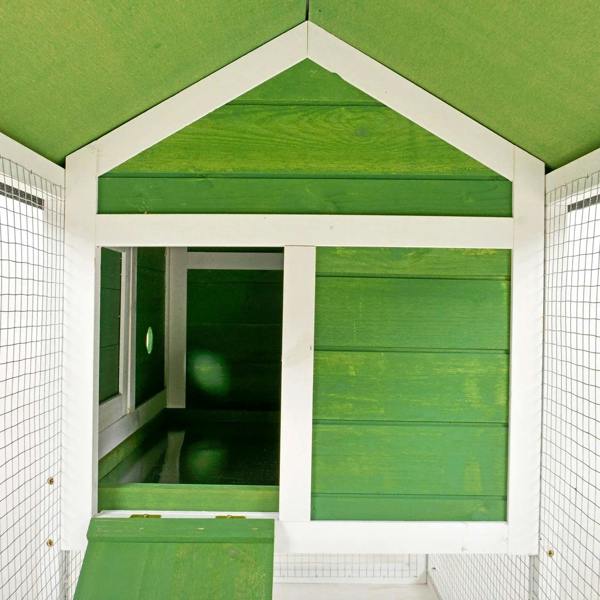 Interior of green-and-white rabbit hutch with door opening and mesh walls