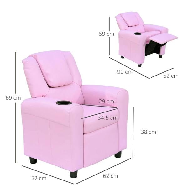 Pink kids recliner chair with padded headrest, adjustable backrest and footrest