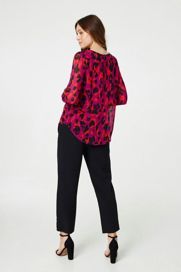 Pink | Animal Print Long Sleeve Ruched Blouse