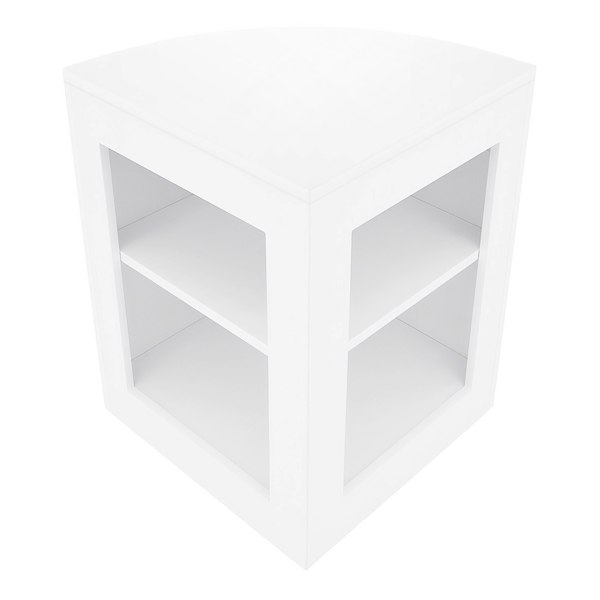 White LED shop counter set featuring a sleek, modern design with a triangular shape and two open shelves for display storage