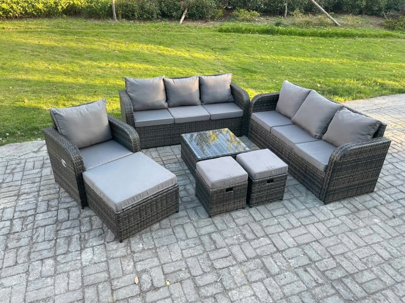 Fimous Outdoor Rattan Garden Furniture Set Conservatory Patio Sofa Coffee Table With Reclining Chair 3 Footstools Dark Grey Mixed