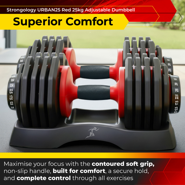 Strongology Urban25 Pair Home Fitness Black Red Adjustable Smart Dumbbells from 2.5kg up to 25kg Training Weights
