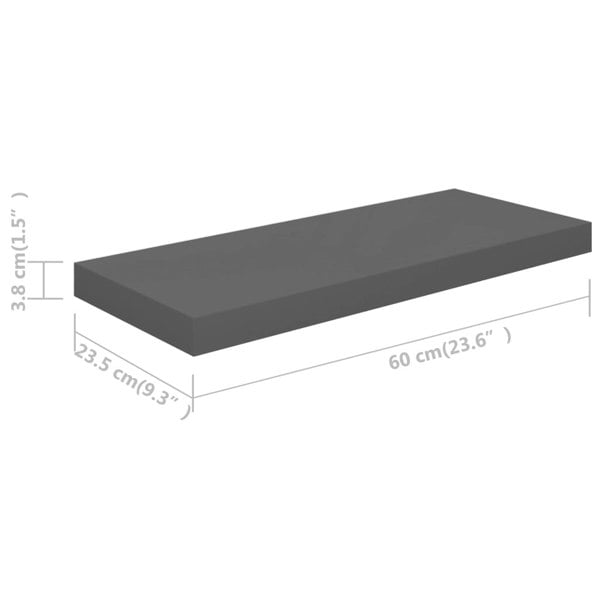 Berkfield Floating Wall Shelves 2 pcs High Gloss Grey 60x23.5x3.8 cm MDF