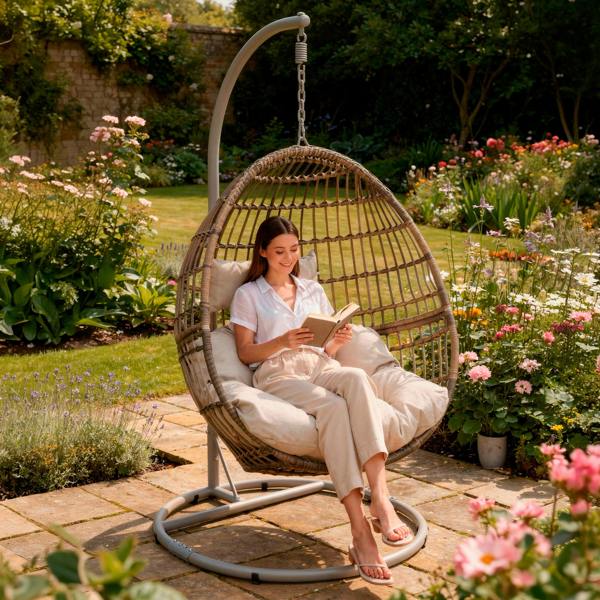 Dellonda Egg Hanging Swing Chair, Wicker Rattan Basket, Steel Frame, Single - DG60