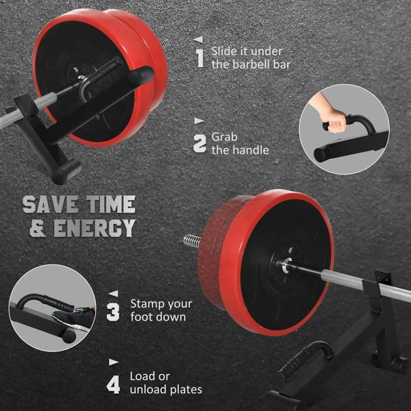 Black deadlift barbell jack supporting a barbell in a step-style setup