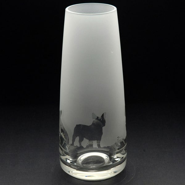 Glyptic Glass Art French Bulldog Dog Glass Bud Vase - Hand Etched/Engraved Gift