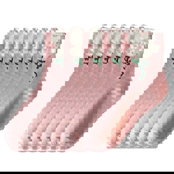 Anyfootwear 5 Pairs One Size 5-8 Pink Magnolia Style Cartoon Flower With Candy Color Kawaii Mid Tube Breathable Casual Short Socks For Women