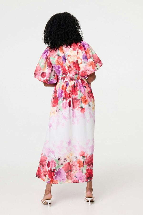 White | Floral Print 1/2 Angel Sleeve Midi Dress