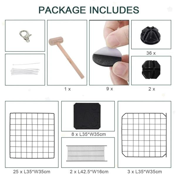 Pet playpen kit parts with black wire panels, connectors, and ramp base pieces