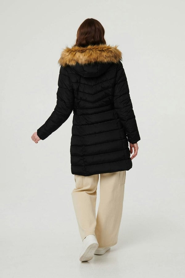 Black | Hooded Faux Fur Trim Longline Jacket
