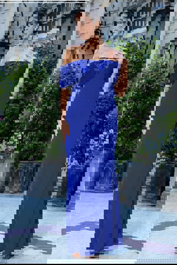 Twist Knot Satin & Scuba Bardot Maxi Dress - Royal Blue DR4575