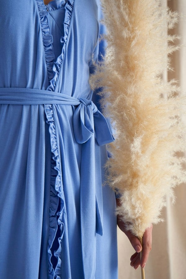 Pretty You London Women's Bamboo Frill Kimono Robe Dressing Gown in Cornflower Blue