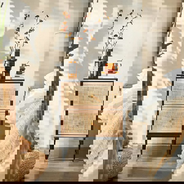 Tsaatan Wood Bedside Table, Rattan, Black-Weilai Concept-Weilai Concept