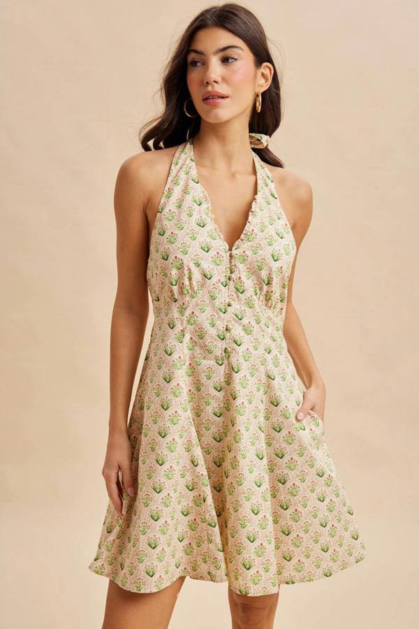 BALOU Womens Cotton Halter Mini Dress