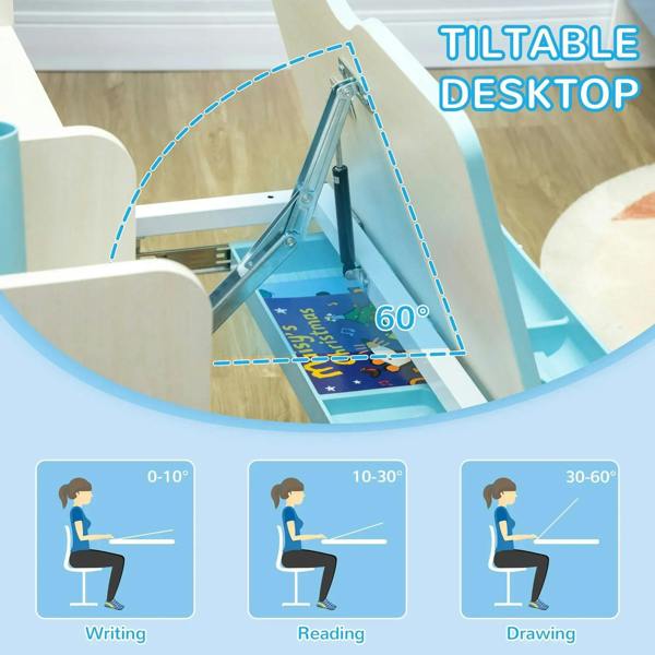 Tilt-adjustable tabletop desk with blue surface and matching kids chair set