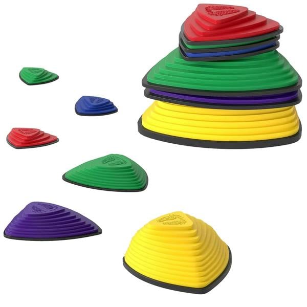 Multicolored stackable kids stepping stones set, six textured balance pads with nonslip bases
