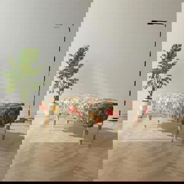 Fixed-top bench featuring elegant profile and vibrant palette fabric