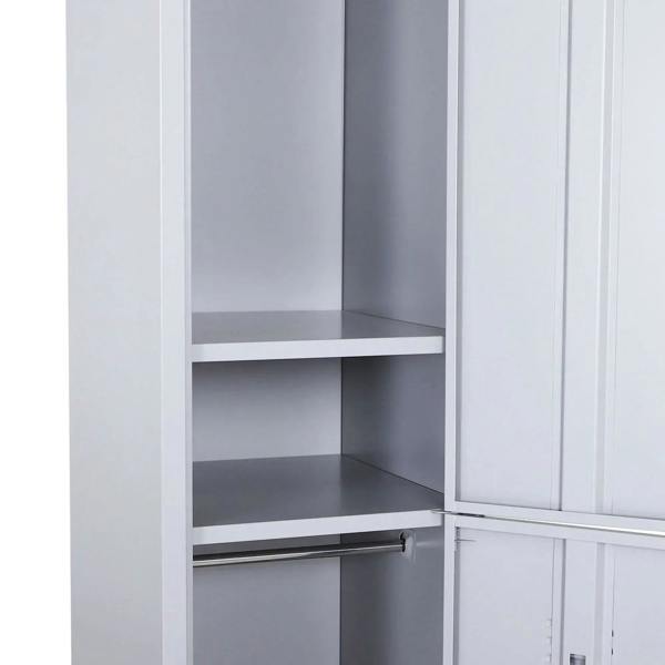 Grey locker cabinet interior with fixed shelves and open door hinges