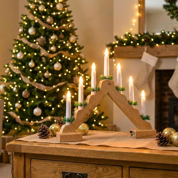 5cm Natural Wooden Pre-Lit Christmas Candle Bridge Decoration with 7 LED Flame Bulbs image 9