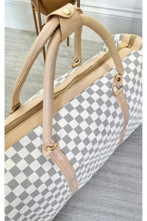 Indigo Checked Print Overnight Bag - White