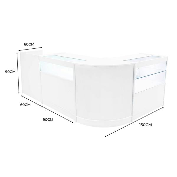 Gravity LED Shop Counter Set in white, featuring sleek curves, glass display sections, and dimensions of 150cm x 90cm x 60cm