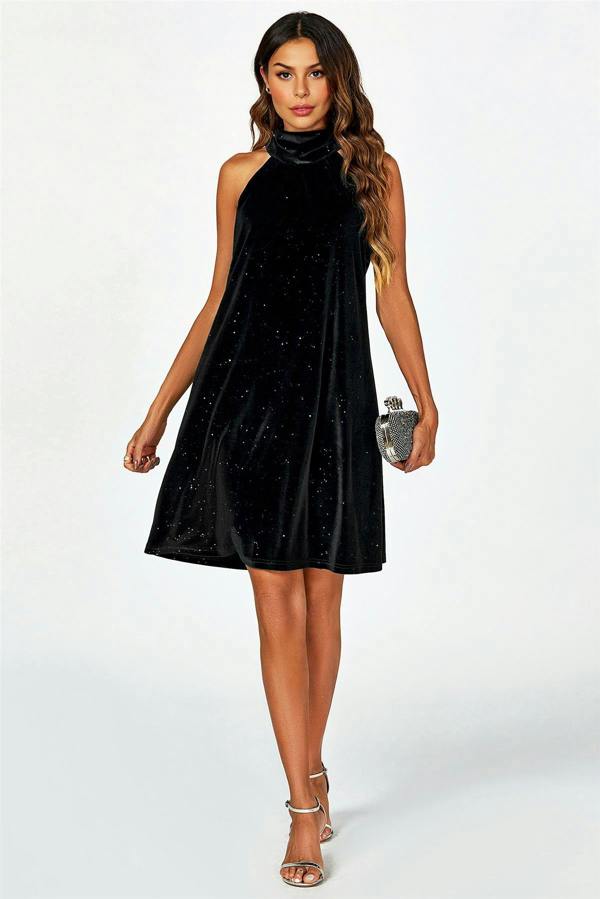 FS Collection Silver Foil Velvet Halter Neck Tie Back Mini Dress In Black