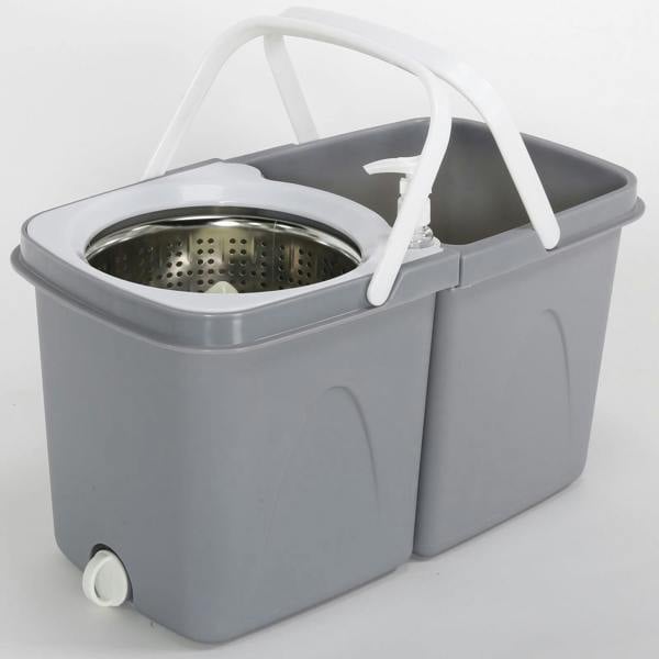 Gr8 Home Grey Space Saving 360° Rotating Dual Spin Dry Mop And Bucket 3 Microfibre Heads