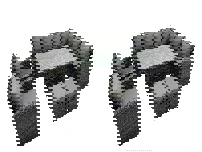 Fimous 10 Seater Rattan Garden Furniture Corner Sofa Set with Adjustable Lifting Dining or Coffee Table & 2 Footstools - Dark Grey