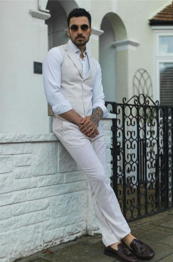 Infinity Leather Men's Summer 2 Piece Suit Linen Formal Cream Beige Waistcoat Trousers