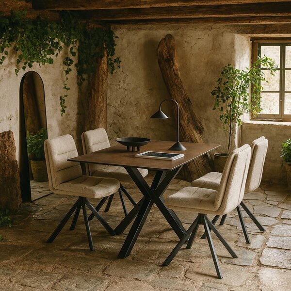 Wyld Haus Perth Dining Set 4 Seater Ceramic Rusty Brown Dining Table + 4 Beige Dining Chairs