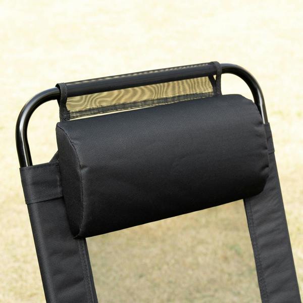 Black folding recliner patio chair with padded backrest and curved carry handle