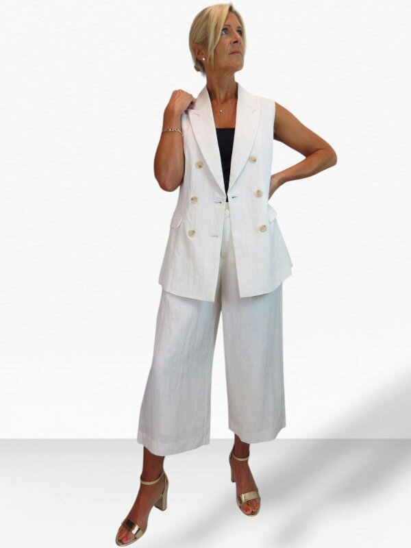 Paulo Due Women's 2 Piece Suit Linen Look Set - Sleeveless Tailored Waistcoat & Cropped Wide Leg Trousers